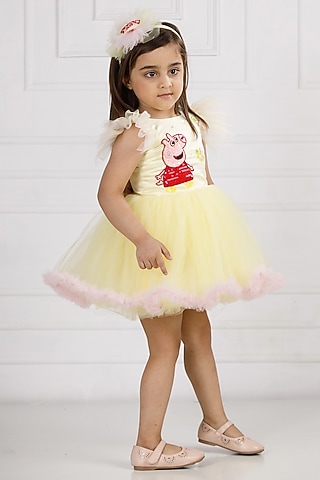 Lemon Cotton & Silk Satin Embroidered Dress For Girls by The Lush Affair