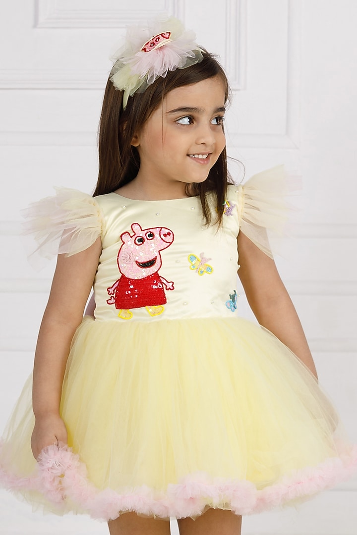 Lemon Cotton & Silk Satin Embroidered Dress For Girls by The Lush Affair at Pernia's Pop Up Shop