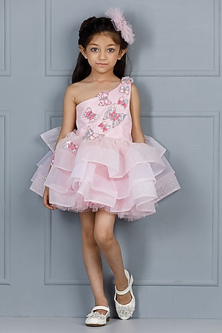 Pink Cotton & Silk Satin Embroidered Dress For Girls by The Lush Affair
