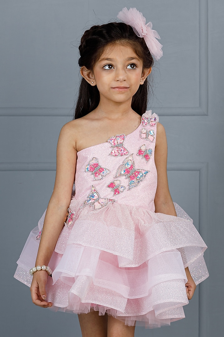 Pink Cotton & Silk Satin Embroidered Dress For Girls by The Lush Affair at Pernia's Pop Up Shop