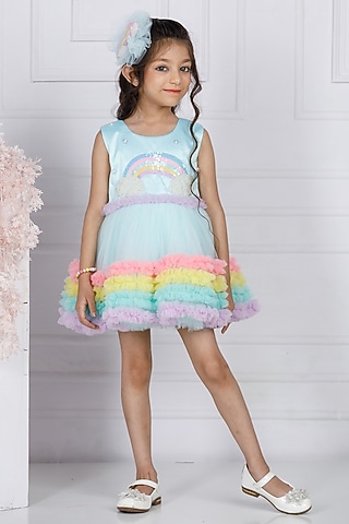 Blue Cotton & Silk Satin Embroidered Dress For Girls by The Lush Affair