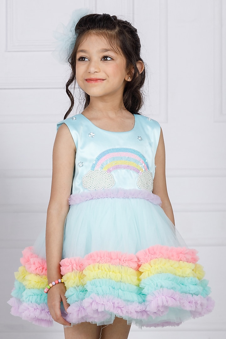 Blue Cotton & Silk Satin Embroidered Dress For Girls by The Lush Affair at Pernia's Pop Up Shop