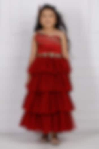 Maroon Cotton & Silk Satin Embroidered Gown For Girls by The Lush Affair at Pernia's Pop Up Shop