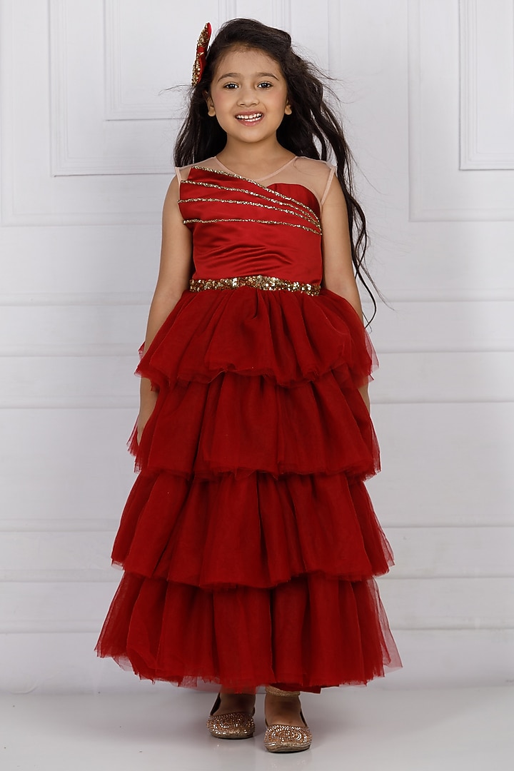 Maroon Cotton & Silk Satin Embroidered Gown For Girls by The Lush Affair at Pernia's Pop Up Shop