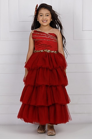 Maroon Cotton & Silk Satin Embroidered Gown For Girls by The Lush Affair