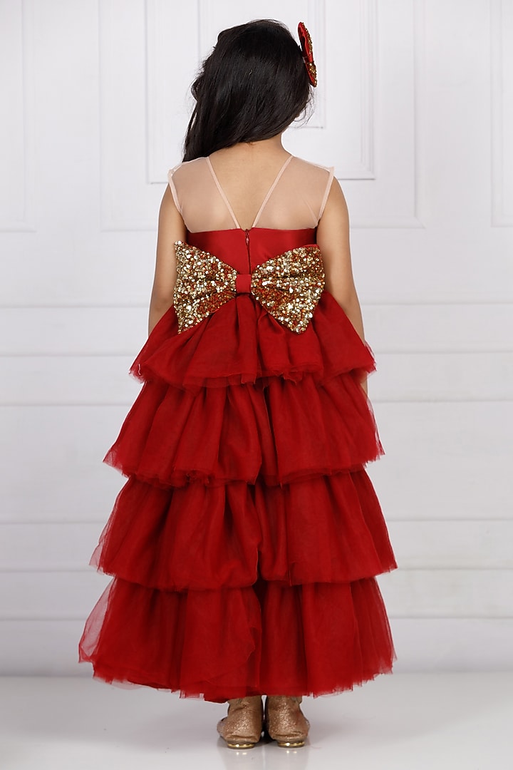 Maroon Cotton & Silk Satin Embroidered Gown For Girls by The Lush Affair at Pernia's Pop Up Shop
