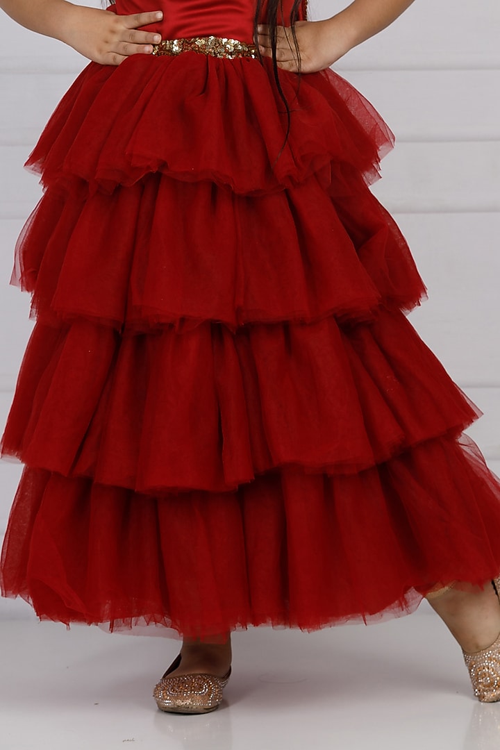 Maroon Cotton & Silk Satin Embroidered Gown For Girls by The Lush Affair at Pernia's Pop Up Shop