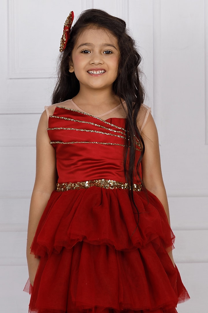 Maroon Cotton & Silk Satin Embroidered Gown For Girls by The Lush Affair at Pernia's Pop Up Shop