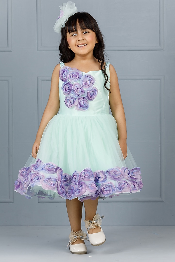 Green Cotton & Silk Satin Embroidered Dress For Girls by The Lush Affair at Pernia's Pop Up Shop