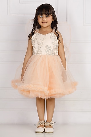 Peach Cotton & Silk Satin Embroidered Dress For Girls by The Lush Affair
