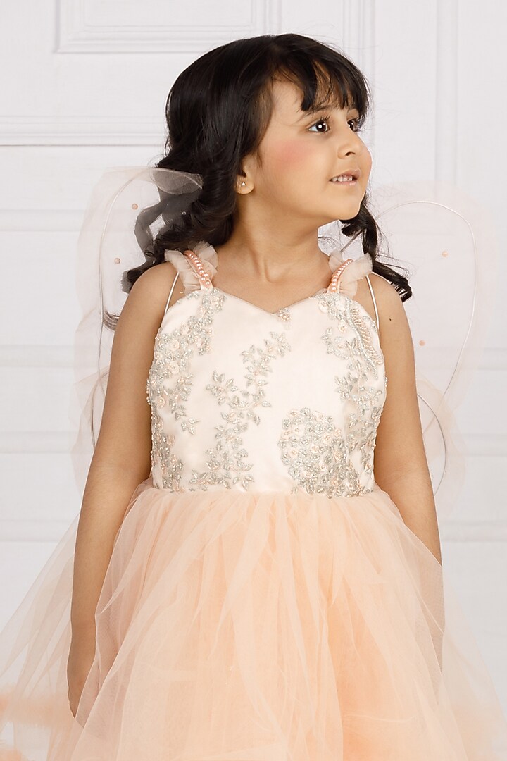 Peach Cotton & Silk Satin Embroidered Dress For Girls by The Lush Affair at Pernia's Pop Up Shop