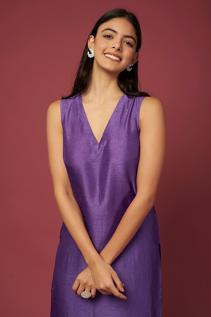 Purple Silk Kurta Set With Embroidered Cape by Lugda by DIHI at Pernia's Pop Up Shop