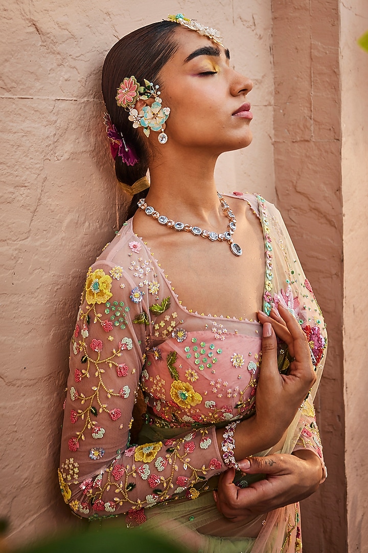 Soft Mint & Pink Net Floral Embroidered Reception Saree Set by Show Shaa at Pernia's Pop Up Shop