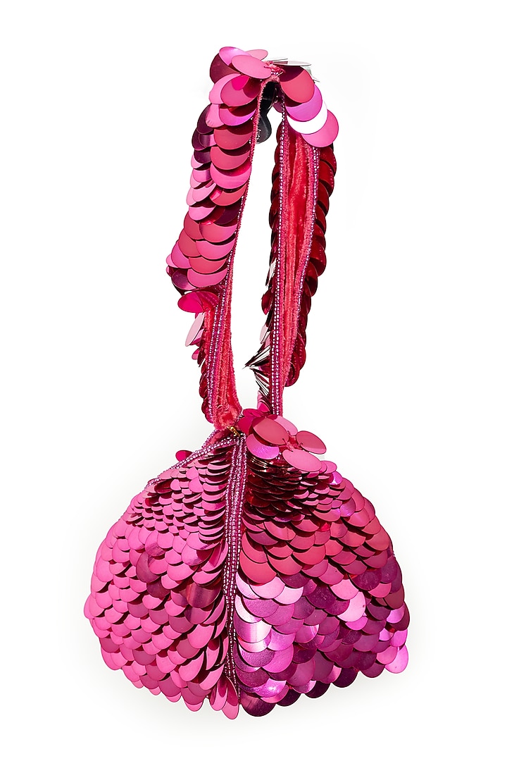 Hot Pink Raw Silk Sequins Embroidered Potli by SG BY SONIA GULRAJANI