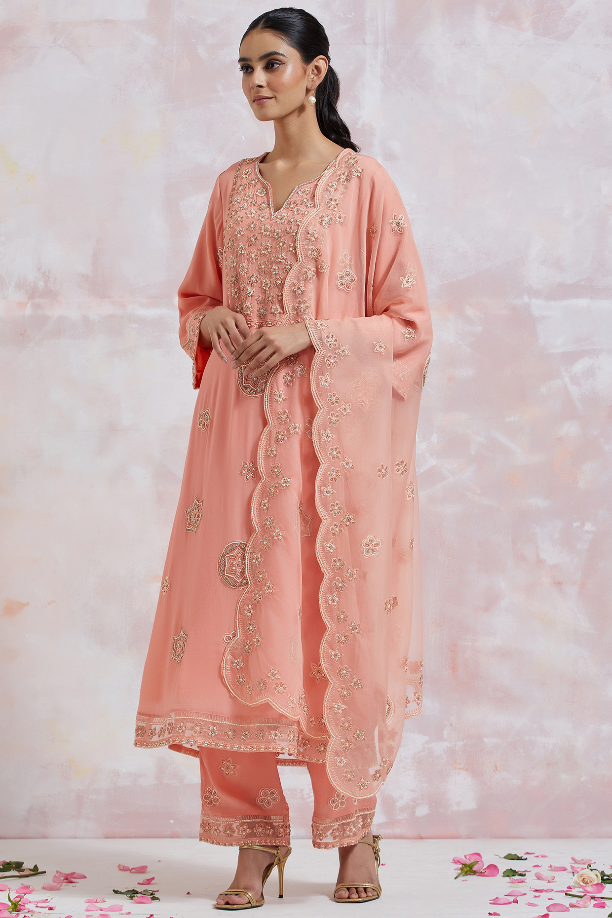 Peach Crepe Embroidered Kurta Set by LABEL VIDHI ANEJA at Pernia's Pop Up Shop