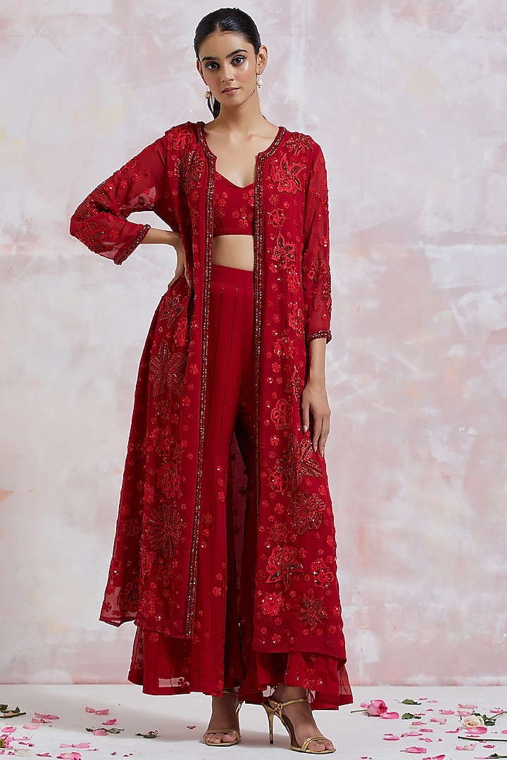 Ruby Red Georgette Hand Embroidered Jacket Set by LABEL VIDHI ANEJA at Pernia's Pop Up Shop