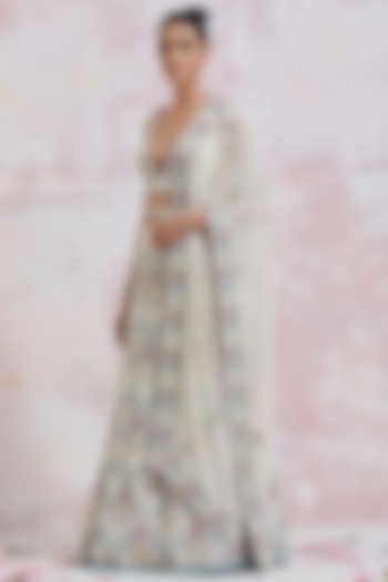 Ivory Georgette Hand Embroidered Lehenga Set by LABEL VIDHI ANEJA