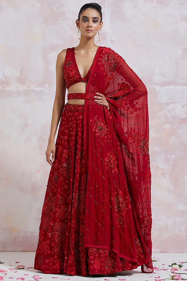 Red Georgette Hand Embroidered Lehenga Set by LABEL VIDHI ANEJA