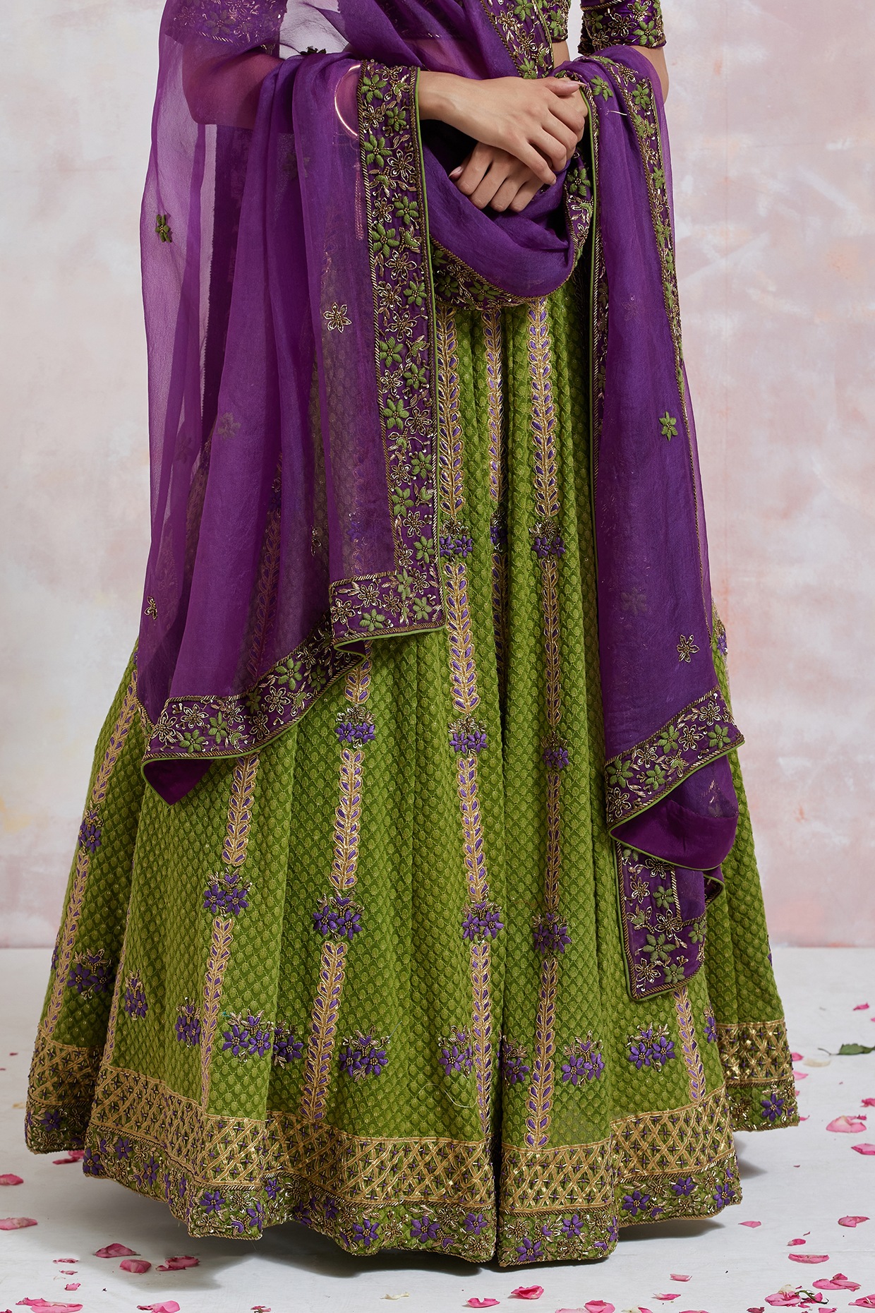 Nargis Fakhri Purple And Green Heavy Lehenga Style Anarkali Suit