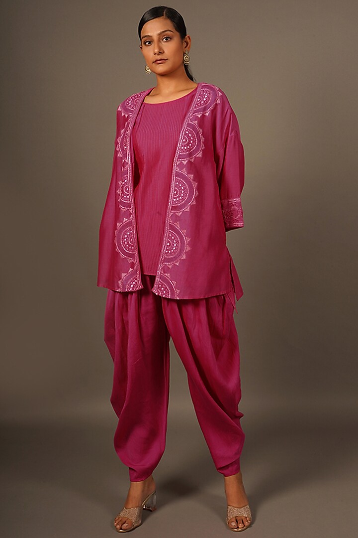 Fuchsia Cotton Silk Hand Embroidered Jacket Set by LABEL VIDHI ANEJA