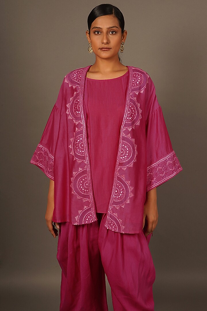 Fuchsia Cotton Silk Hand Embroidered Jacket Set by LABEL VIDHI ANEJA at Pernia's Pop Up Shop