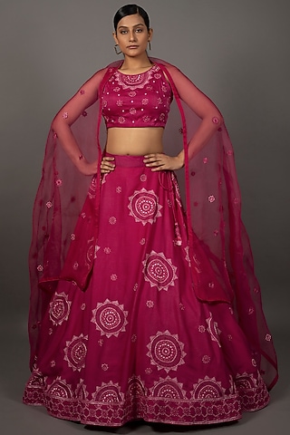 Fuchsia Georgette Hand Embroidered Lehenga Set by LABEL VIDHI ANEJA