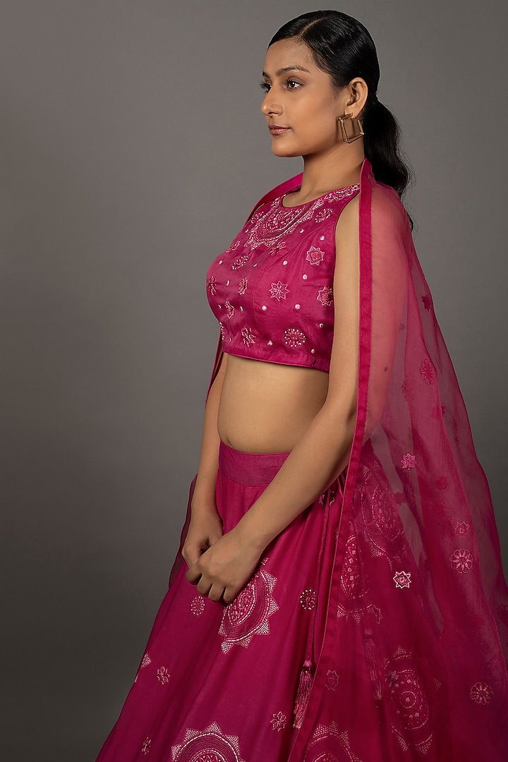 Fuchsia Georgette Hand Embroidered Wedding Lehenga Set by LABEL VIDHI ANEJA at Pernia's Pop Up Shop