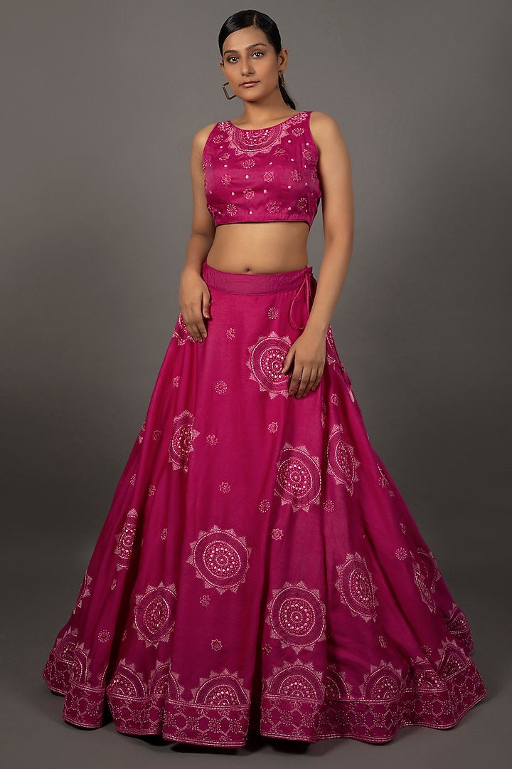 Fuchsia Georgette Hand Embroidered Wedding Lehenga Set by LABEL VIDHI ANEJA at Pernia's Pop Up Shop