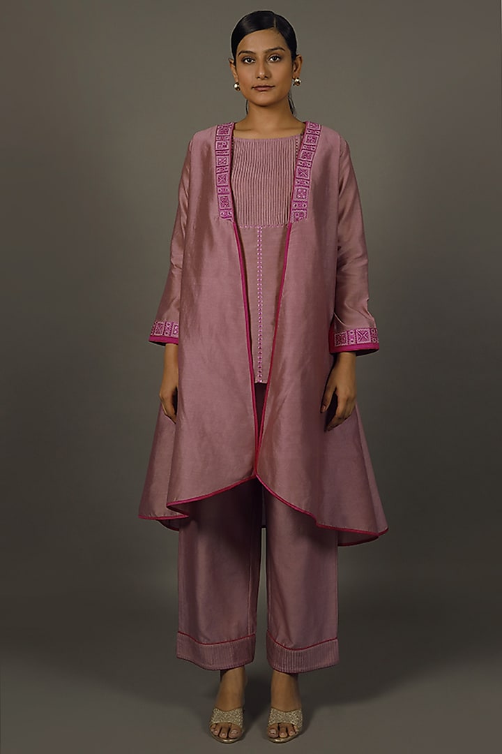 Onion Pink Cotton Silk Embroidered Jacket Set by LABEL VIDHI ANEJA
