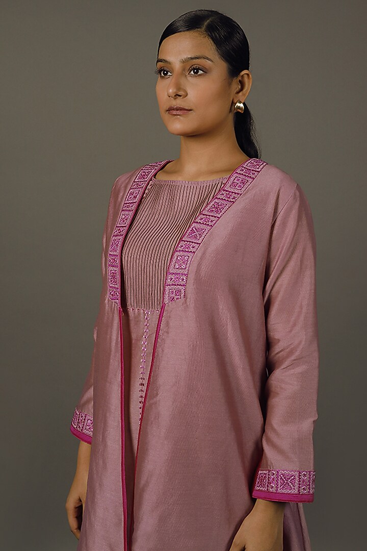 Onion Pink Cotton Silk Embroidered Jacket Set by LABEL VIDHI ANEJA at Pernia's Pop Up Shop
