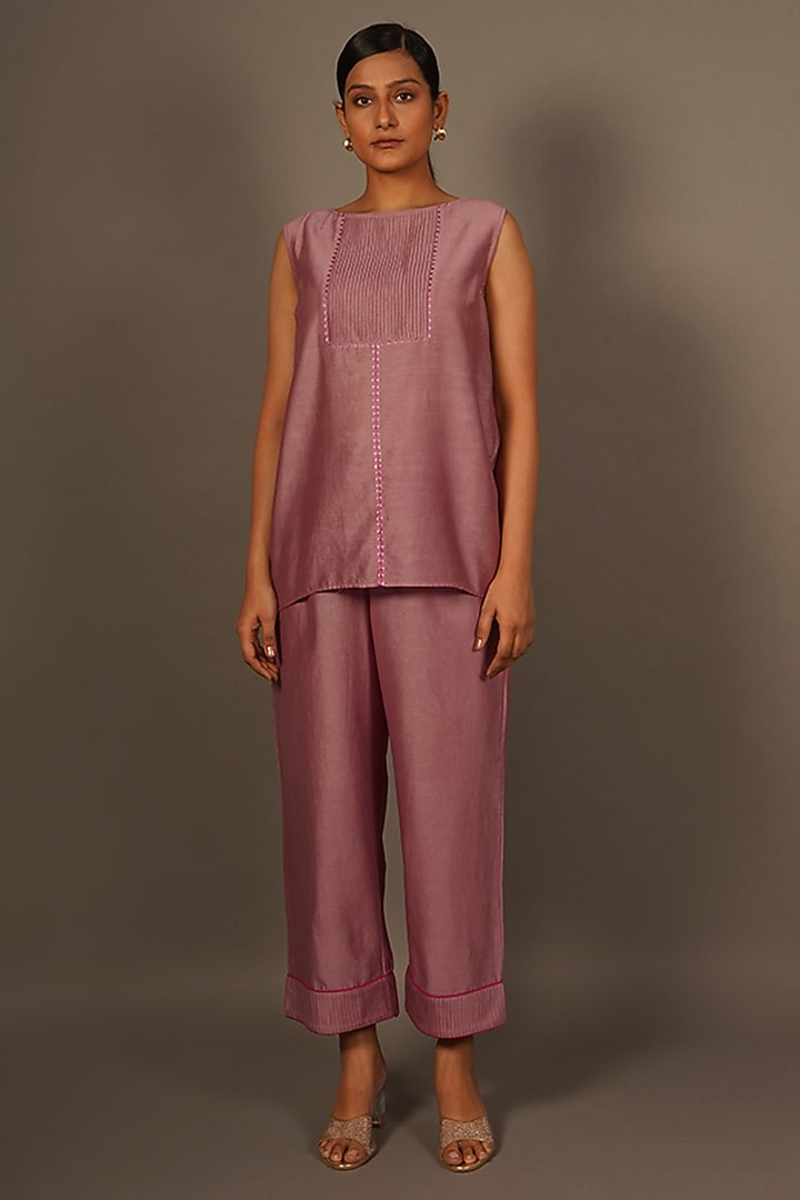 Onion Pink Cotton Silk Embroidered Jacket Set by LABEL VIDHI ANEJA at Pernia's Pop Up Shop