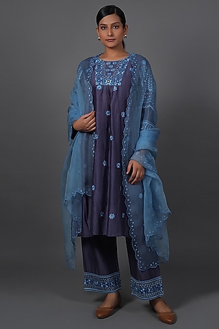 Navy Cotton Silk Embroidered Kurta Set by LABEL VIDHI ANEJA