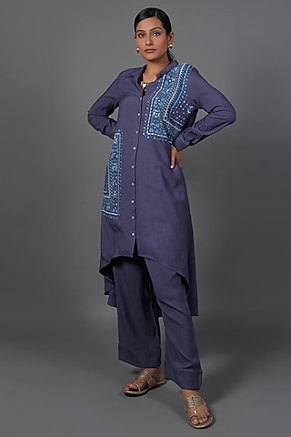 Navy Viscose Embroidered Kurta Set by LABEL VIDHI ANEJA