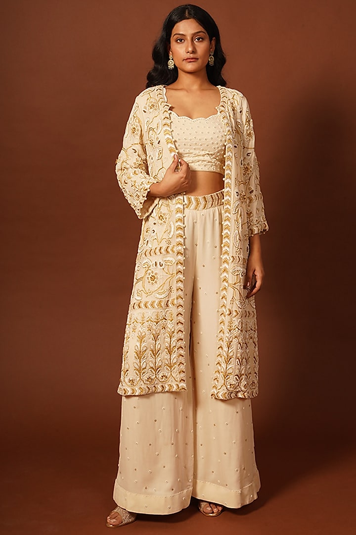 Ivory Georgette Hand Embroidered Jacket Set by LABEL VIDHI ANEJA