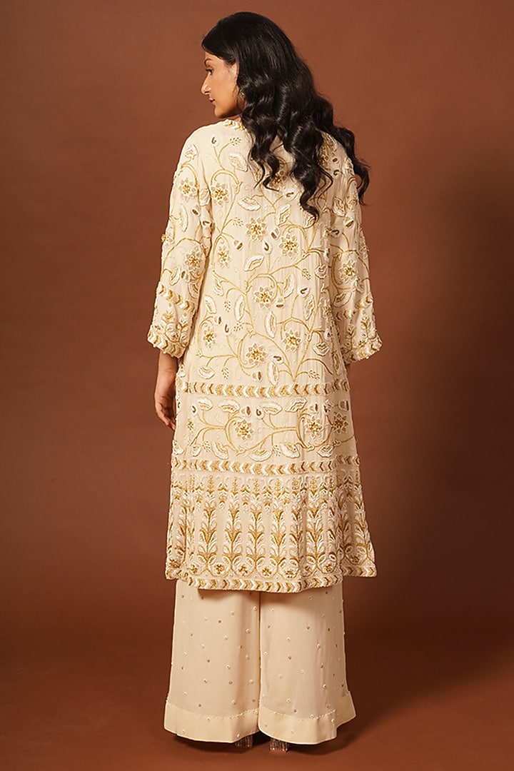 Ivory Georgette Hand Embroidered Jacket Set by LABEL VIDHI ANEJA at Pernia's Pop Up Shop