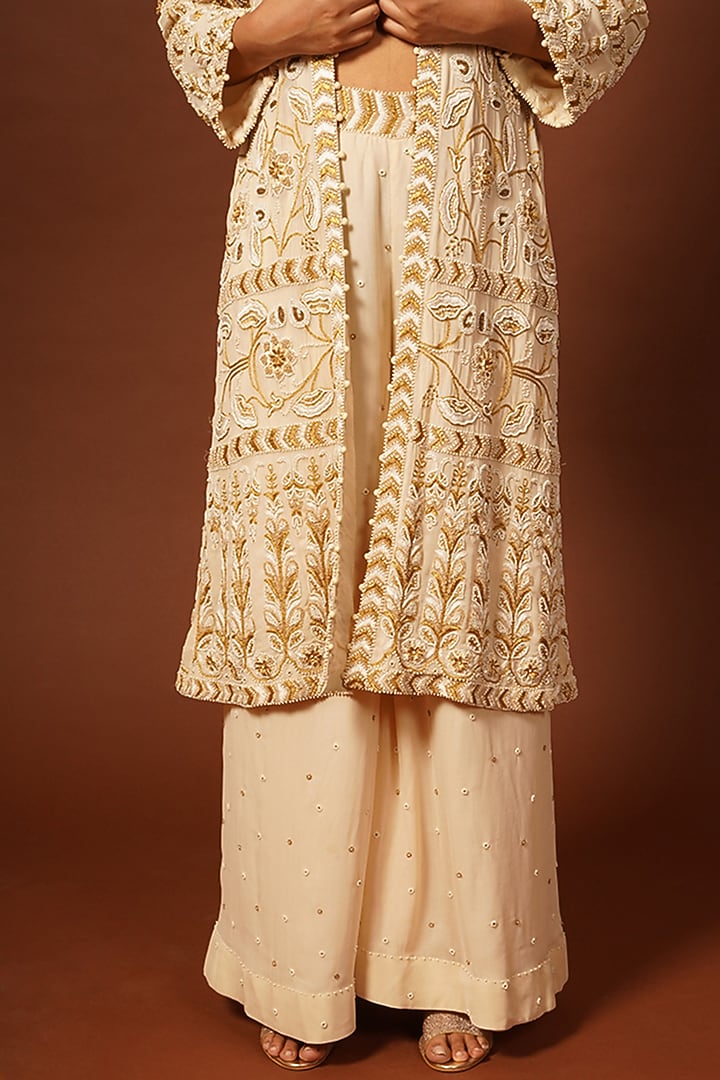 Ivory Georgette Hand Embroidered Jacket Set by LABEL VIDHI ANEJA at Pernia's Pop Up Shop