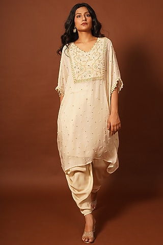 Ivory Georgette Hand Embroidered Kaftan Set by LABEL VIDHI ANEJA
