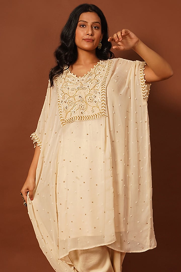 Ivory Georgette Hand Embroidered Kaftan Set by LABEL VIDHI ANEJA at Pernia's Pop Up Shop