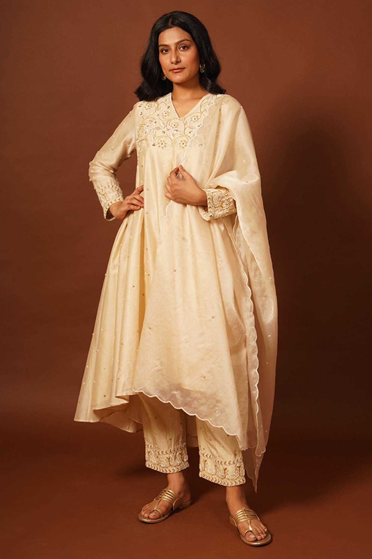 Net Anarkali suit in Off white colour 7914
