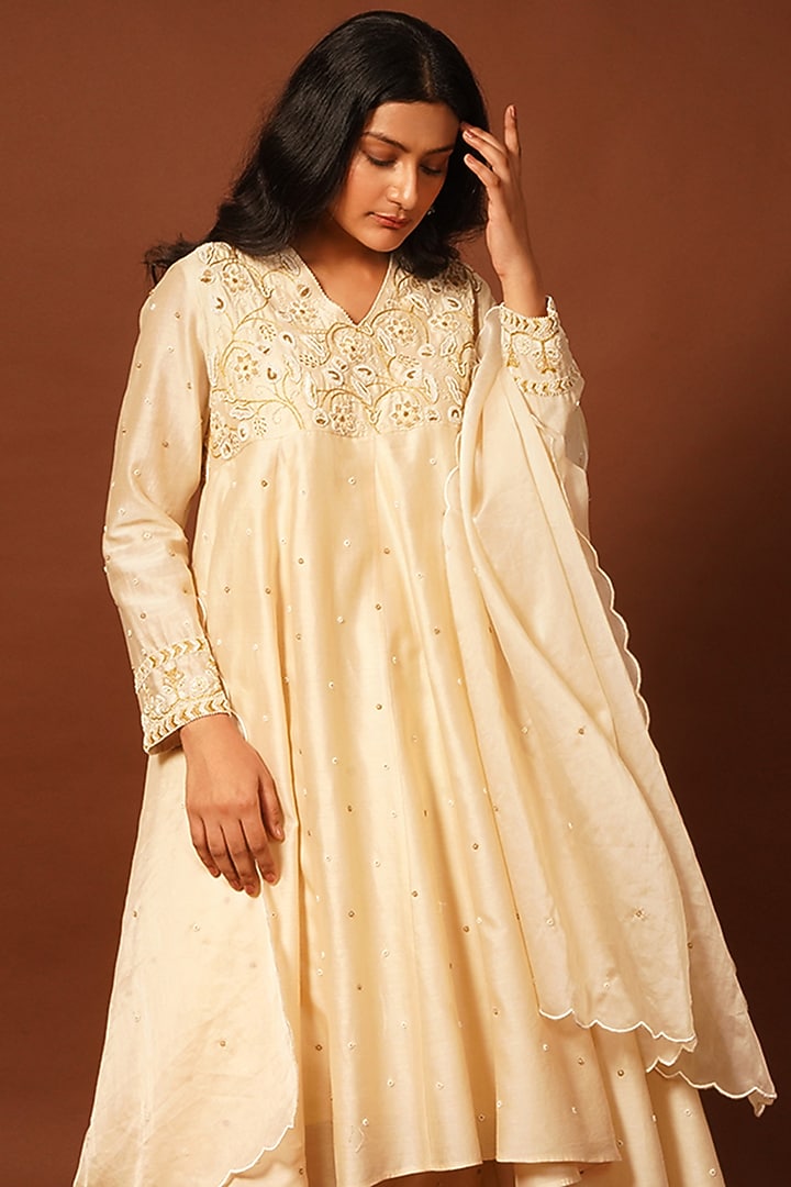 Ivory Cotton Silk Hand Embroidered Wedding Anarkali Set by LABEL VIDHI ANEJA at Pernia's Pop Up Shop