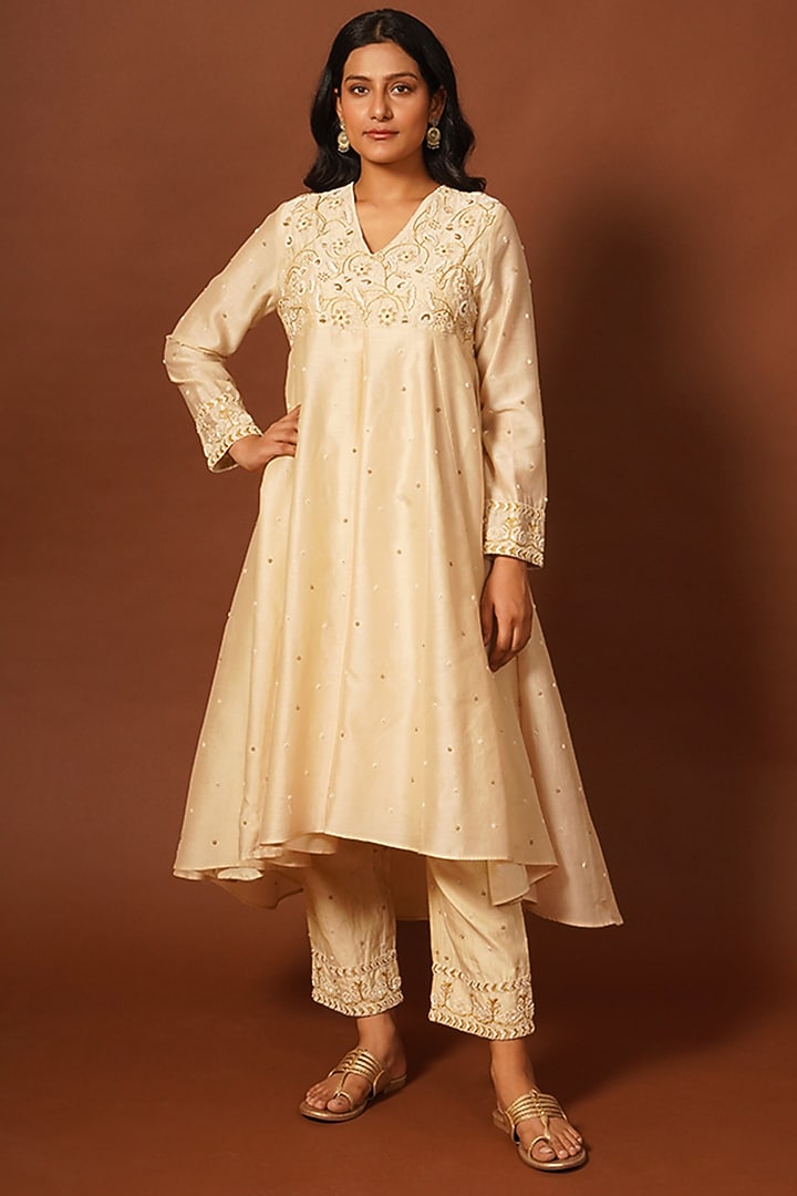 Ivory Cotton Silk Hand Embroidered Wedding Anarkali Set by LABEL VIDHI ANEJA at Pernia's Pop Up Shop