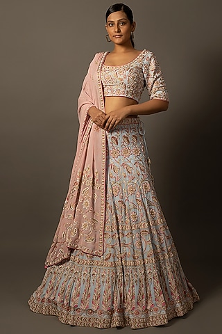 Blue Georgette Hand Embroidered Lehenga Set by LABEL VIDHI ANEJA