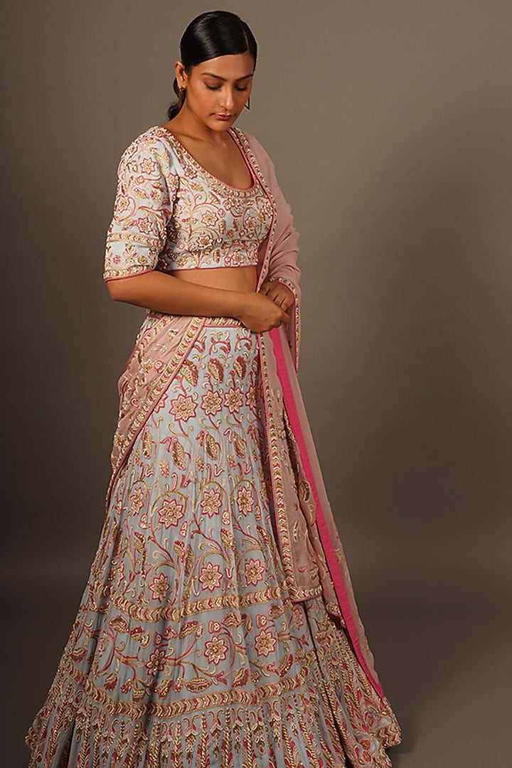 Blue Georgette Hand Embroidered Wedding Lehenga Set by LABEL VIDHI ANEJA at Pernia's Pop Up Shop