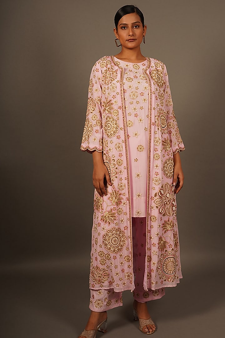 Pink Crepe Hand Embroidered Jacket Set by LABEL VIDHI ANEJA at Pernia's Pop Up Shop