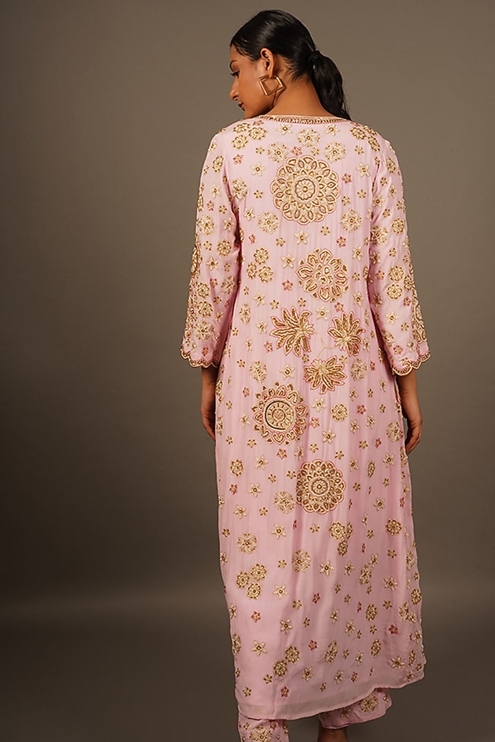Pink Crepe Hand Embroidered Jacket Set by LABEL VIDHI ANEJA at Pernia's Pop Up Shop
