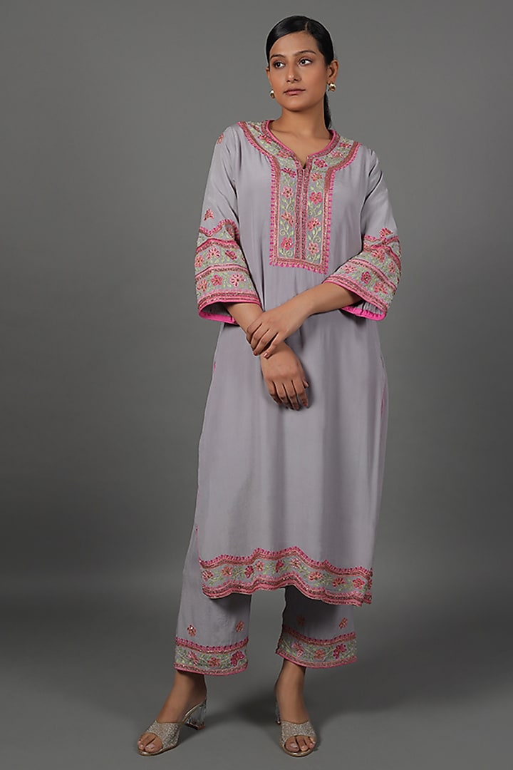 Grey Crepe Hand Embroidered Kurta Set by LABEL VIDHI ANEJA at Pernia's Pop Up Shop