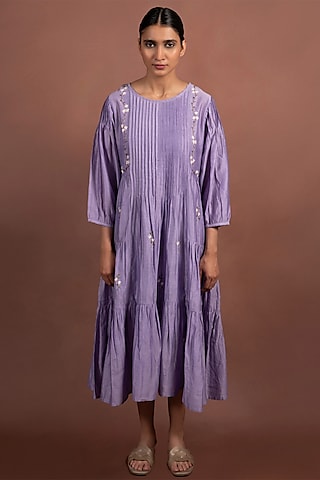 Purple Cotton Tiered Printed Dress | Biba India