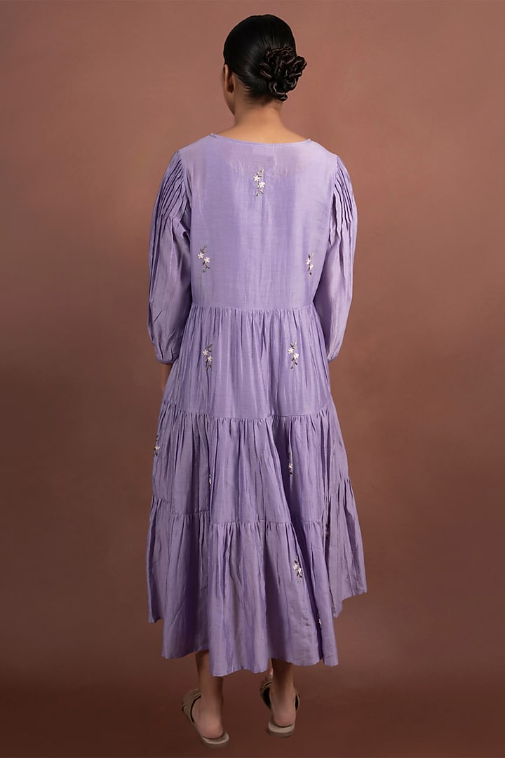 Lilac Silk Chanderi Hand Embroidered Tiered Summer Dress by LABEL VIDHI ANEJA at Pernia's Pop Up Shop