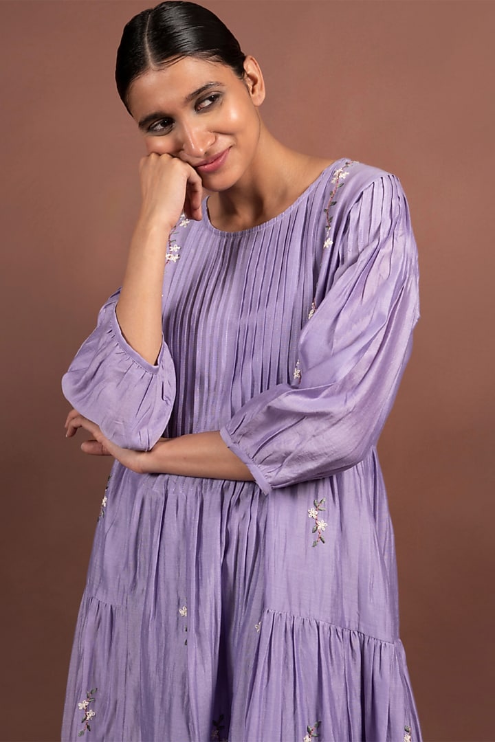 Lilac Silk Chanderi Hand Embroidered Tiered Summer Dress by LABEL VIDHI ANEJA at Pernia's Pop Up Shop