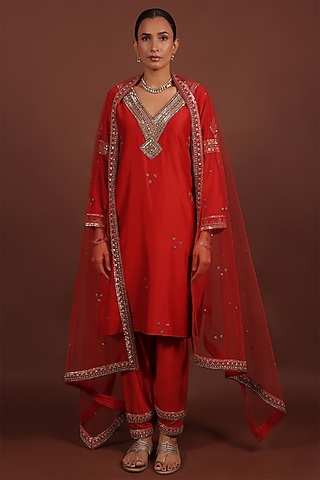 Red Silk Chanderi Hand Embroidered Kurta Set by LABEL VIDHI ANEJA